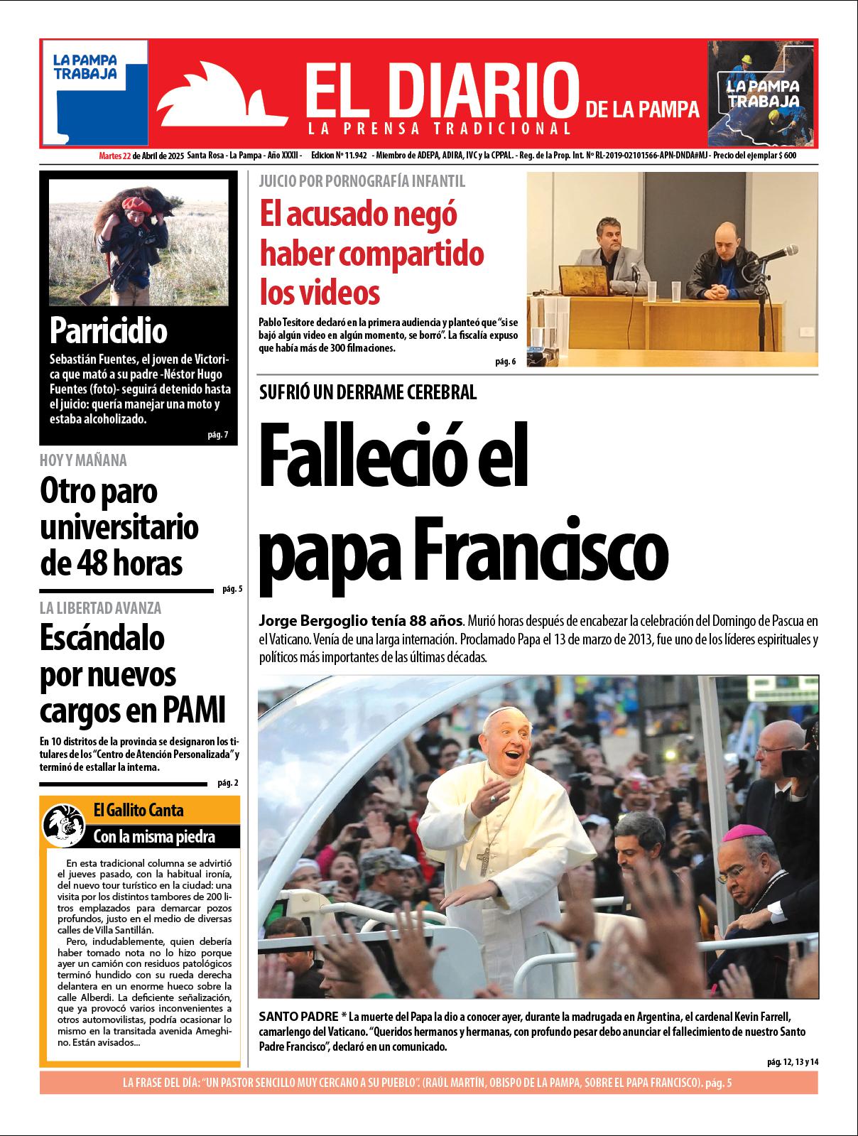 Tapa de El Diario en papel  martes 22 de abril de 2025